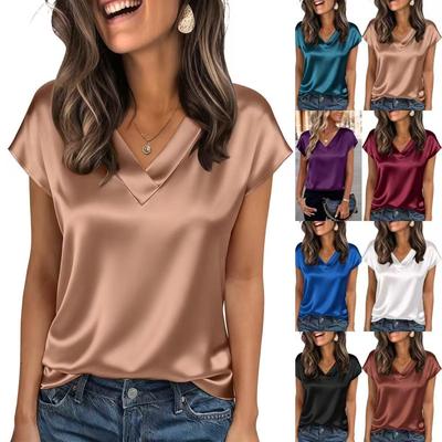2026 Spring/Summer Elegant Silk V-Neck Short Sleeve Women's T-Shirt
