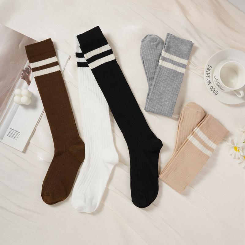 Women Striped Cotton Long Socks Japanese Jk Black White Knee High Stockings Long Tube Leg Solid Color Girls Students Warm Socks