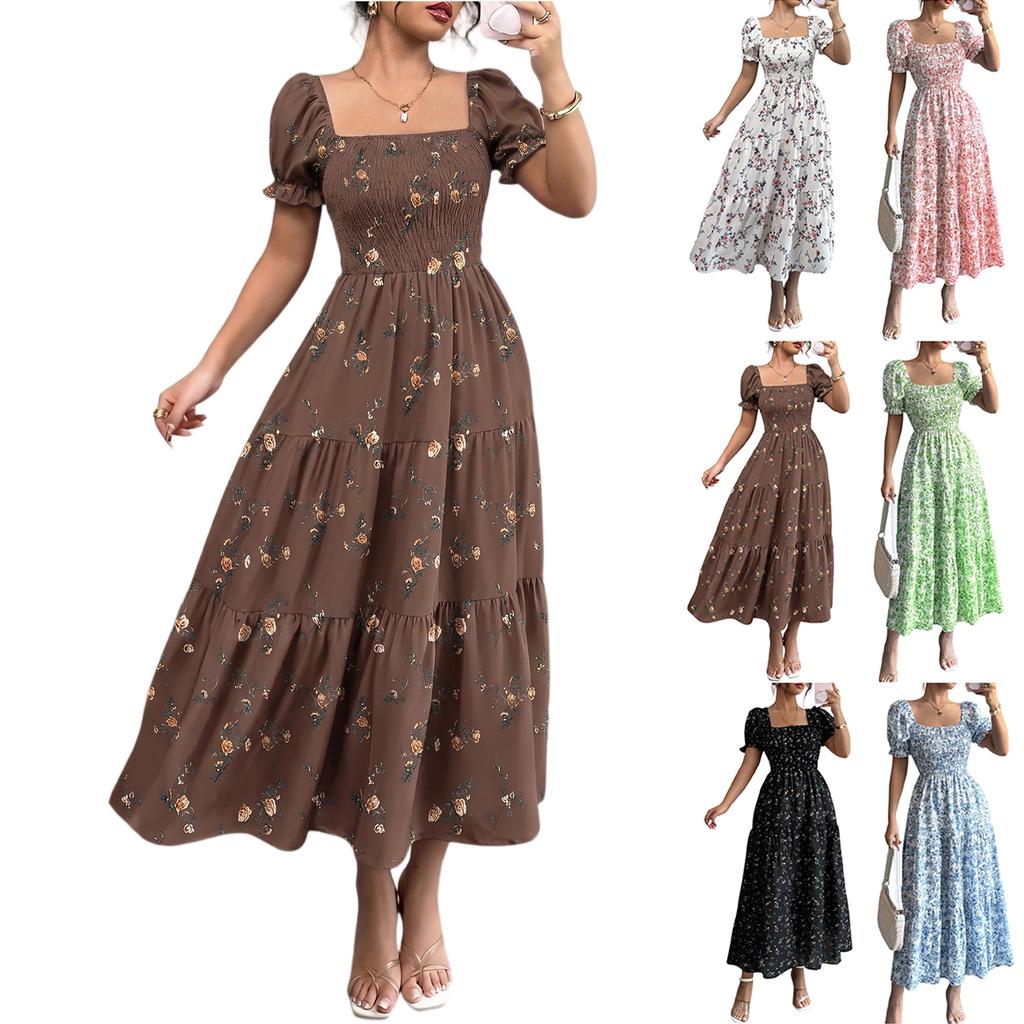 Women's Floral Print Square Neck Long Dress Summer Waist Cinched Puff Sleeve Midi Dress Casual Lightweight Flowing Dress for Daily Wear