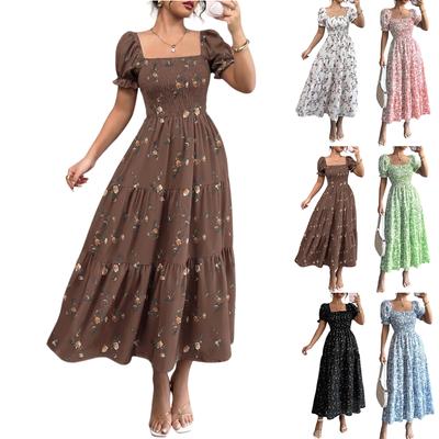 Women's Floral Print Square Neck Long Dress Summer Waist Cinched Puff Sleeve Midi Dress Casual Lightweight Flowing Dress for Daily Wear