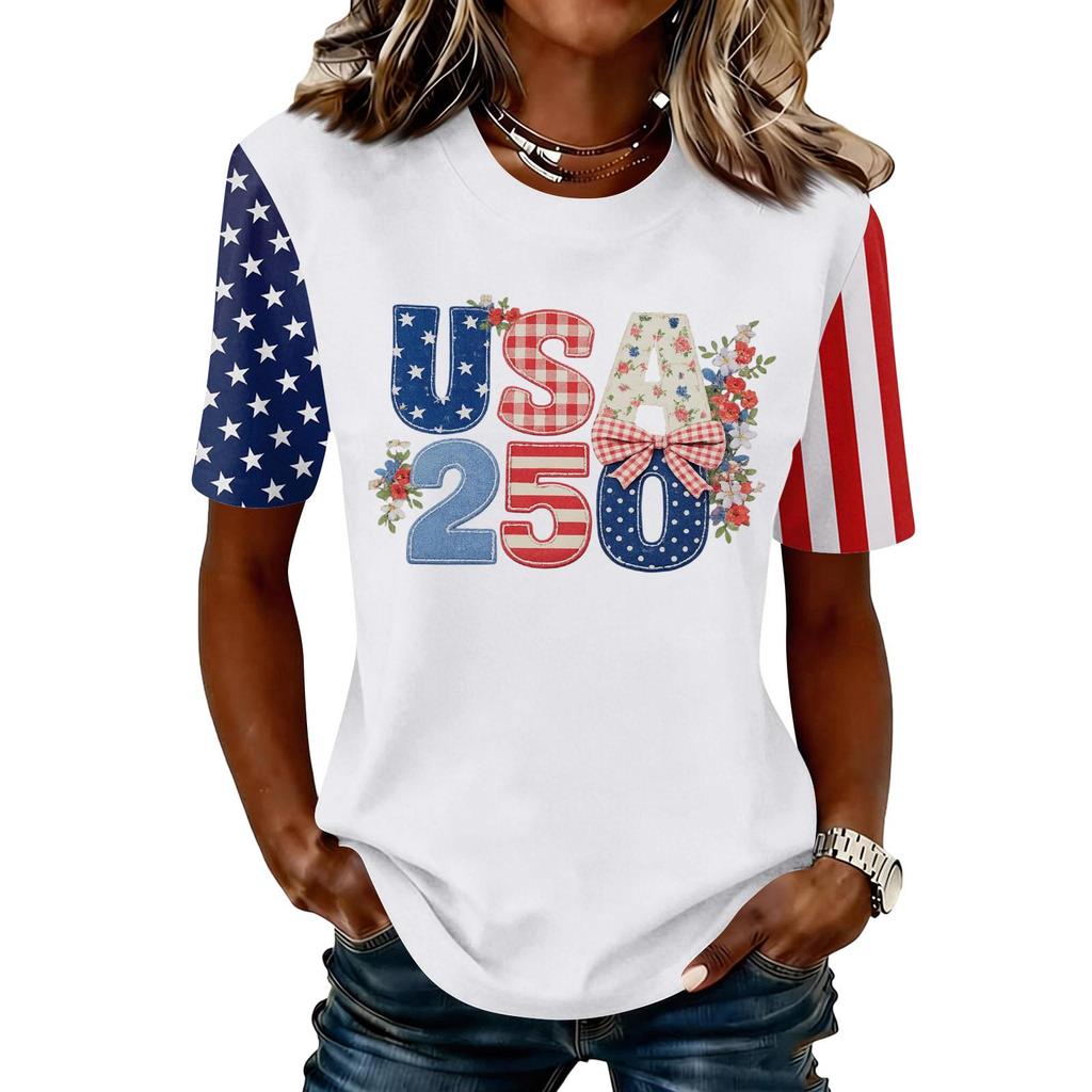 Blusa Feminina da Moda Casual de Manga Curta com Estampa e Gola Redonda