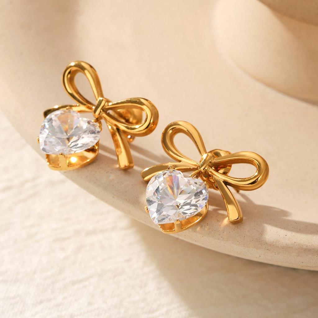 Stainless Steel Zircon Heart & Bow Earrings - European & American Inspired Luxury Titanium Jewelry