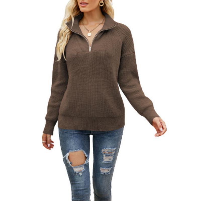 Women's Autumn/Winter Striped Colour Block Knit Long Sleeve Zip Lapel Sweater