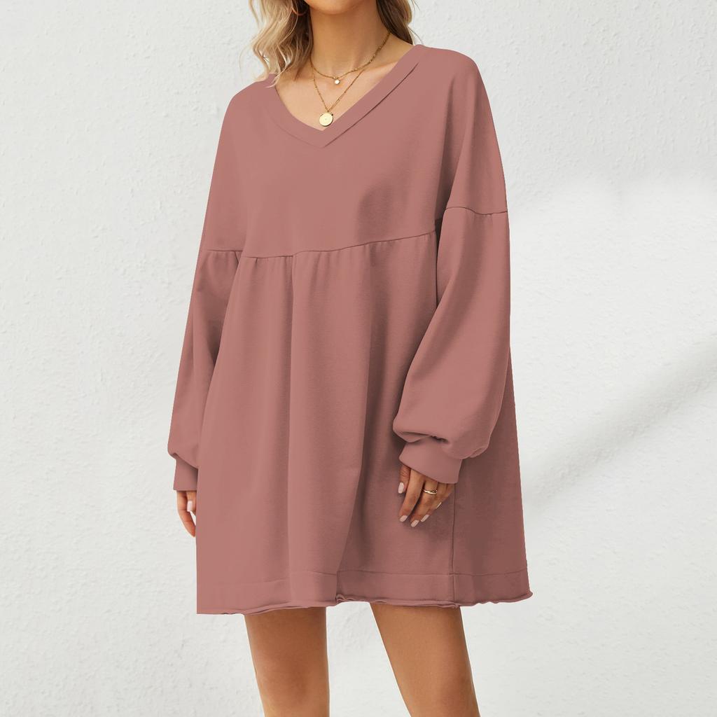 Women's Fashion Casual Large Solid Color Sweatshirt V-Neck Long Sleeve Loose Dress