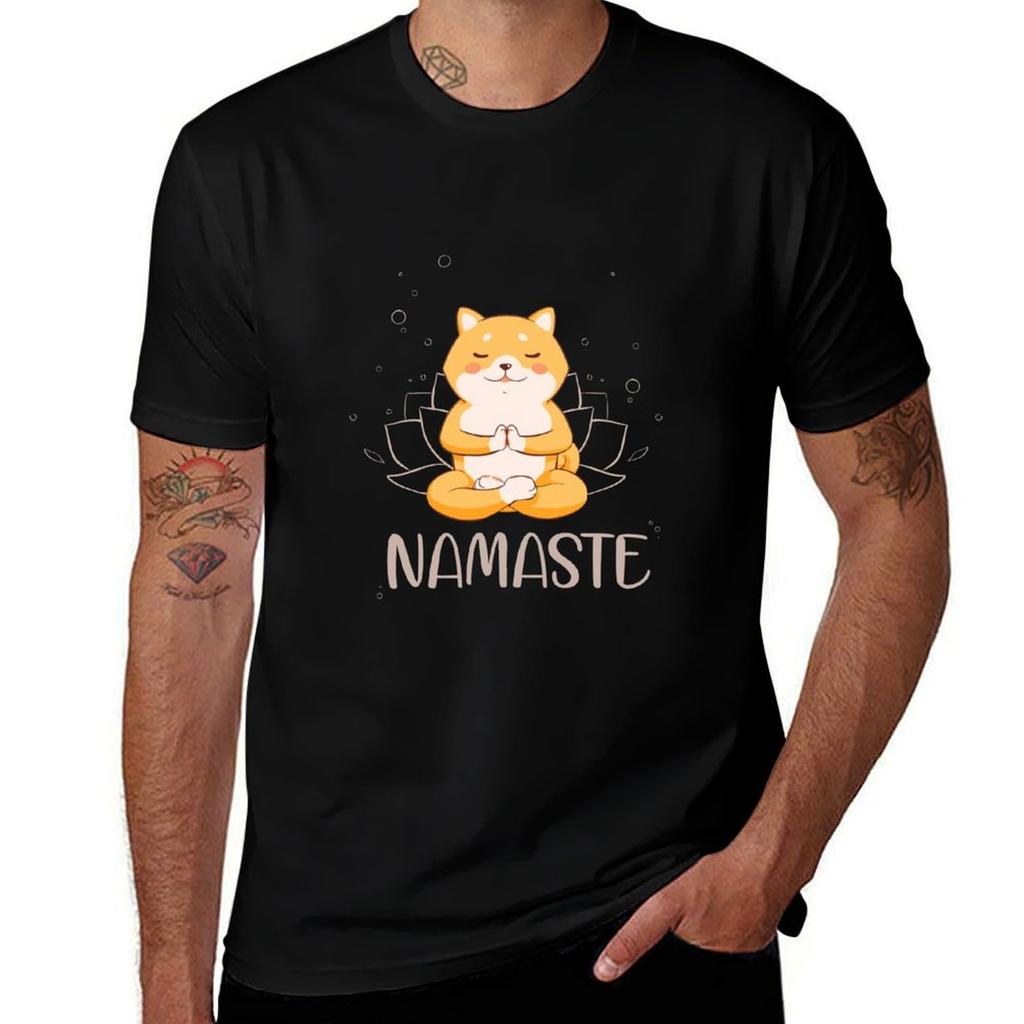 Yoga Cute Dog Shibainu Namaste Pose Meditation T-shirt T Shirts Cotton 100% Cotton T Shirt Man T-shirt