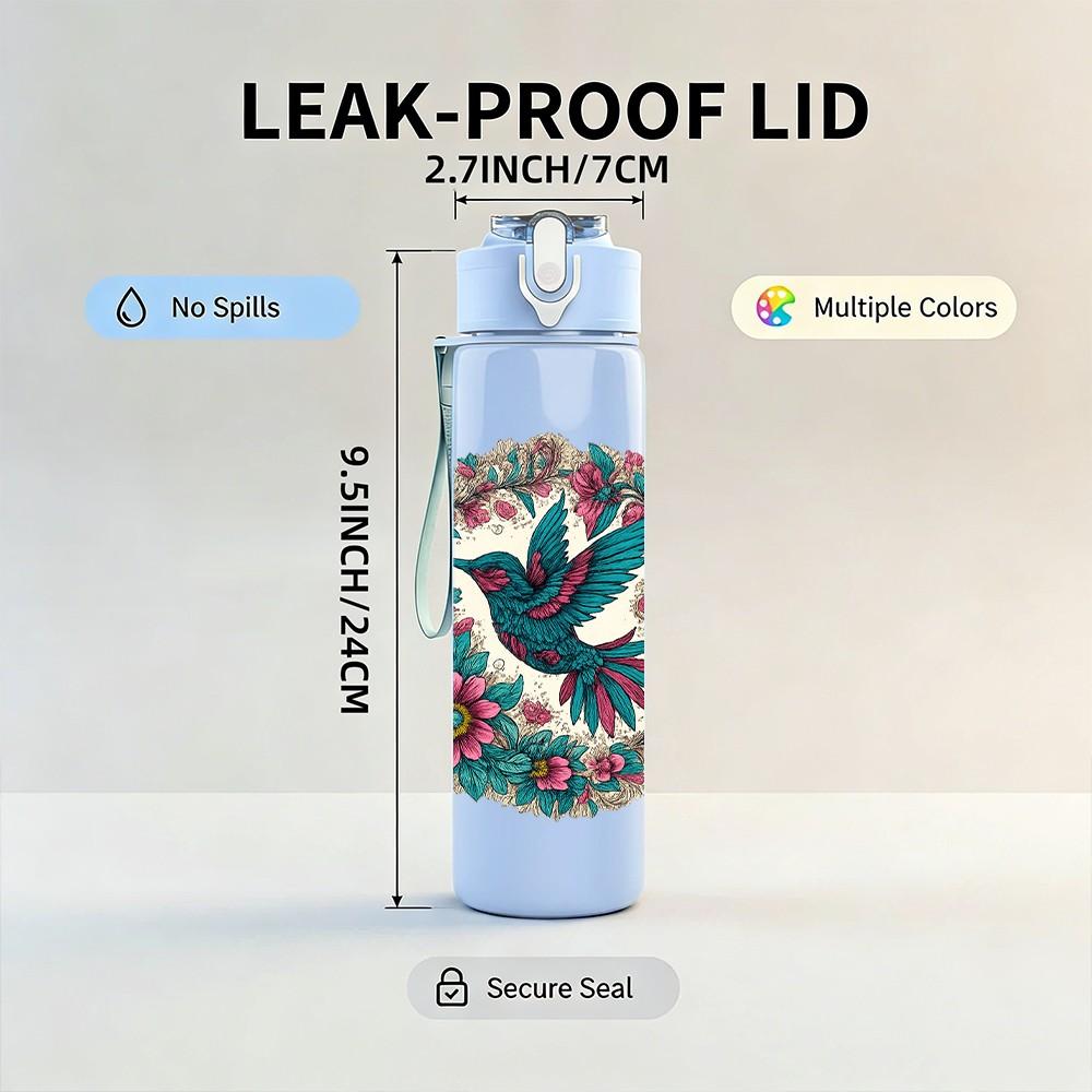 1PC Folk Bird Floral Circle 750ml Color Plastic Sports Water Bottle Leakproof Flip Straw Lid Suitable for Sports Office Home Use