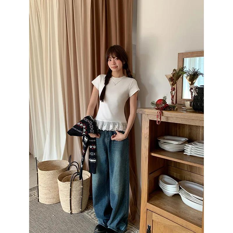 Women's Spring and Summer Round Neck Short Sleeved Lace T-shirt with Solid Color Design, Layered Underneath As A Base Layer