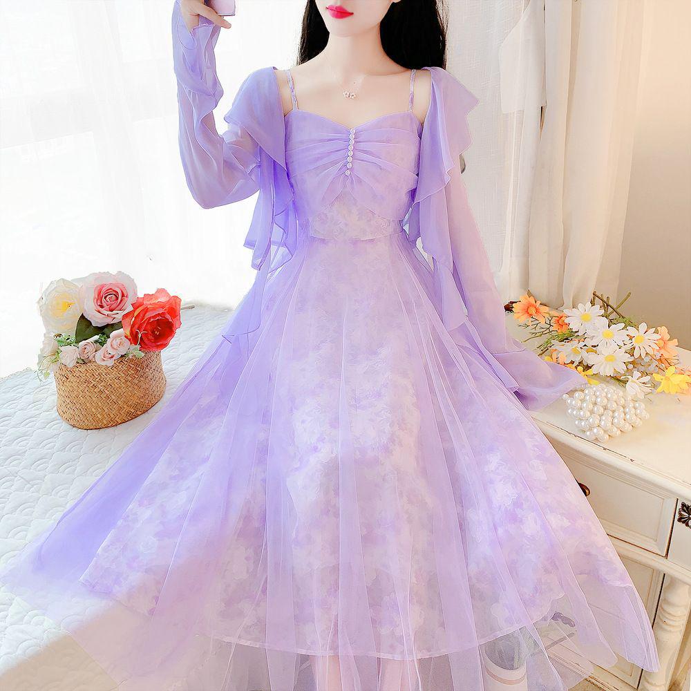 Fairy Forest Lace Floral Spaghetti Strap Summer 2026 Women's Two-Piece Beach Vacation Dress