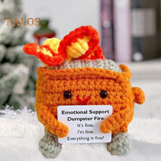 2Pcs Positive Crochet Flame Dumpster with Encouraging Card Emotional Support Handmade Knitting Trash Can Doll Decoration Ornament