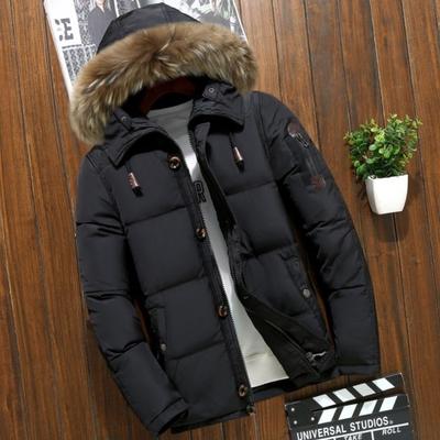 2019 Herren Daunenjacke, kurz, dick, mit Kapuze, großer Pelzkragen, winddicht, dicke Jacke, Outdoor-Overall