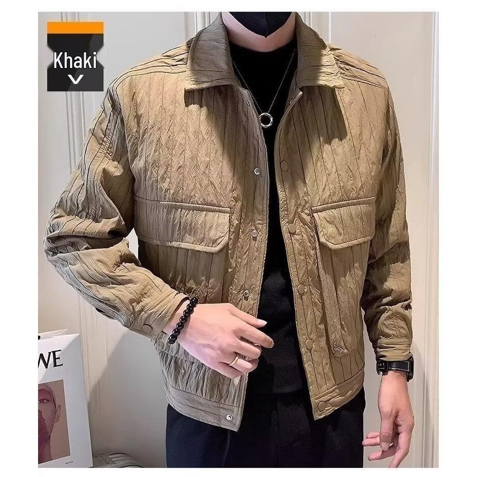 

Men s Light Brown Striped Lapel Jacket - Versatile, Casual, Textured Pleated Design for Autumn/Winter M хакі