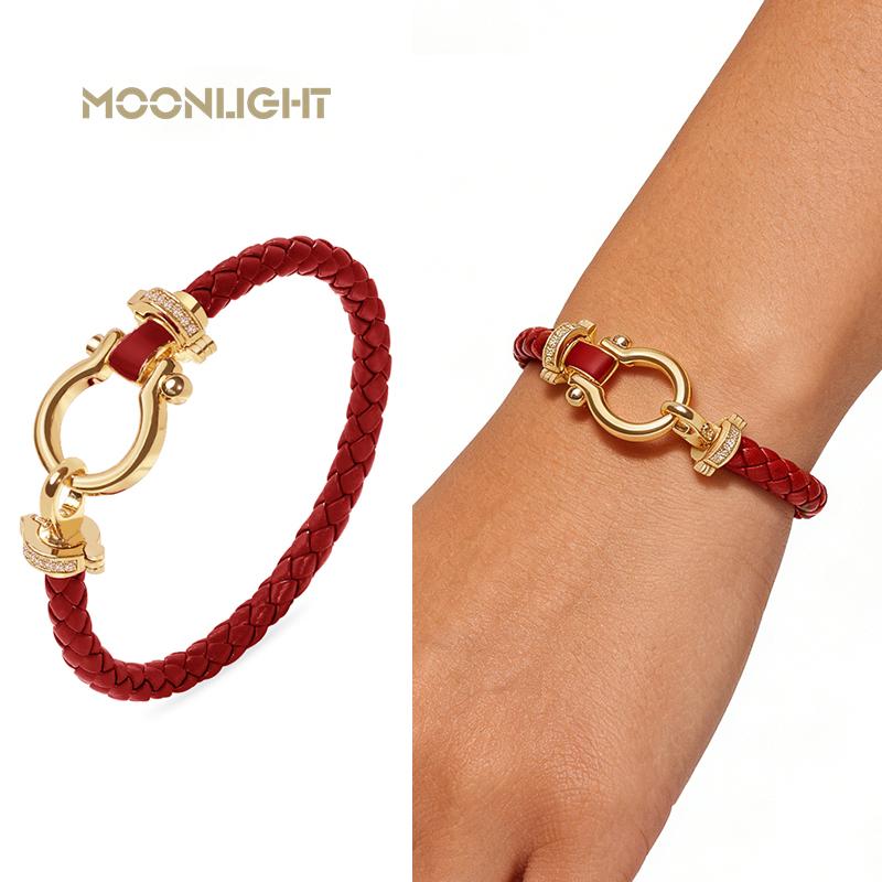 MOONLIGHT Women's Classic Horseshoe Shape Bracelet Genuine Braided Leather Bracelet Female Jewelry Present 11 Colors
