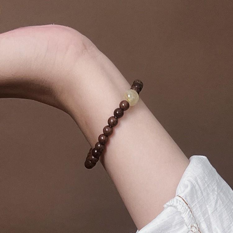 Golden Sandalwood & Rutilated Quartz Beaded Bracelet - Chinese Style Single Strand for Women