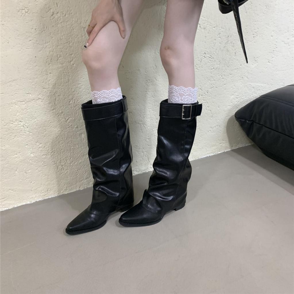 European and American style thick heel belt buckle knight boots women's autumn and winter new pointed trouser boots long boots thin pile boots