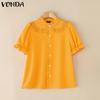 VONDA Elegant Women Blouse Casual Puff Sleeve V Neck Crochet Hem Ruffled Tops
