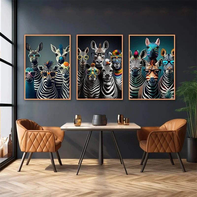 Lustige Zebras mit Brillen Leinwandposter Wandkunst Bilder Gestreifte Tiere Bilderdrucke Wandgemälde für Wohnzimmer Heimdeko
