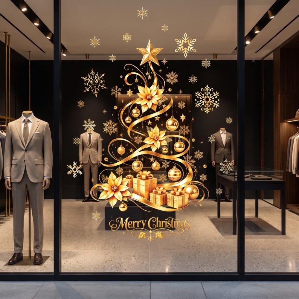 Golden Snowflake Christmas Tree Window Sticker Large Static Cling Sticker  Store Front