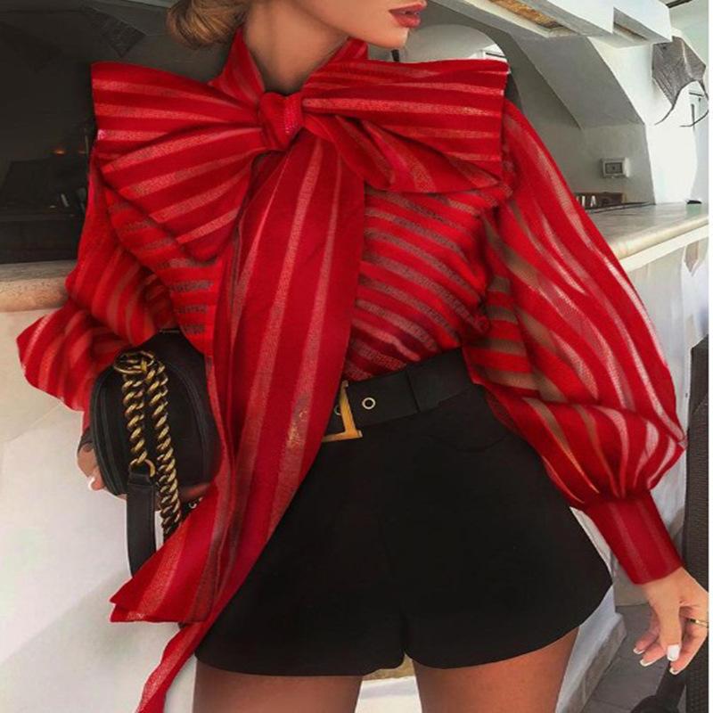 Stripe Shirts Women Long Sleeve Bow Collar  Elegant Shirt Fashion Clothing
