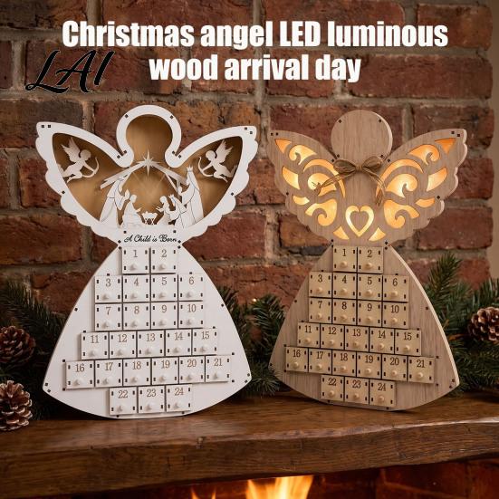 Advent Calendar for Candy Wooden Angel Christmas with 24 Storage Drawers Countdown Holiday to Tabletop Decoration Winter Party Favors LED Lighted