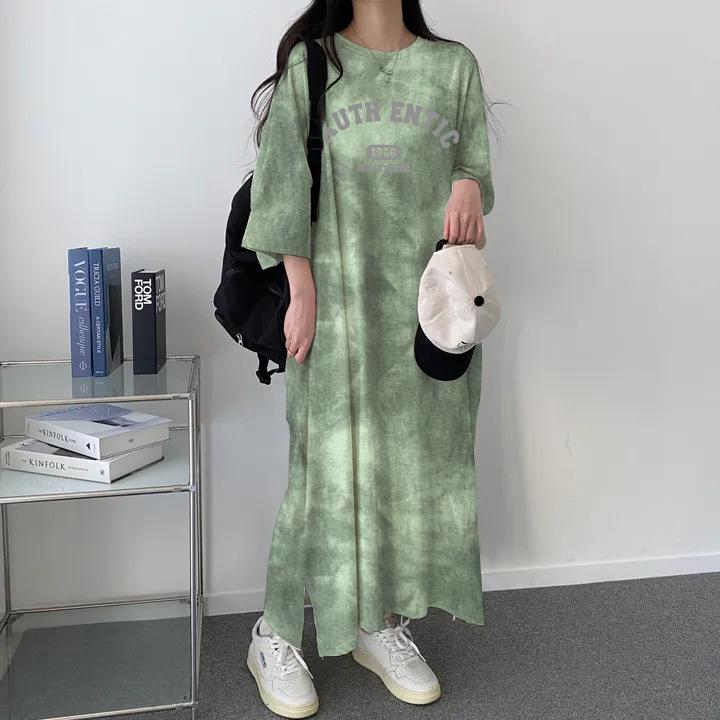 Summer 2024 Tie-Dye Short-Sleeve T-Shirt Dress: Women's Korean-Style Fashionable Print, Loose, Casual Mid-Length 