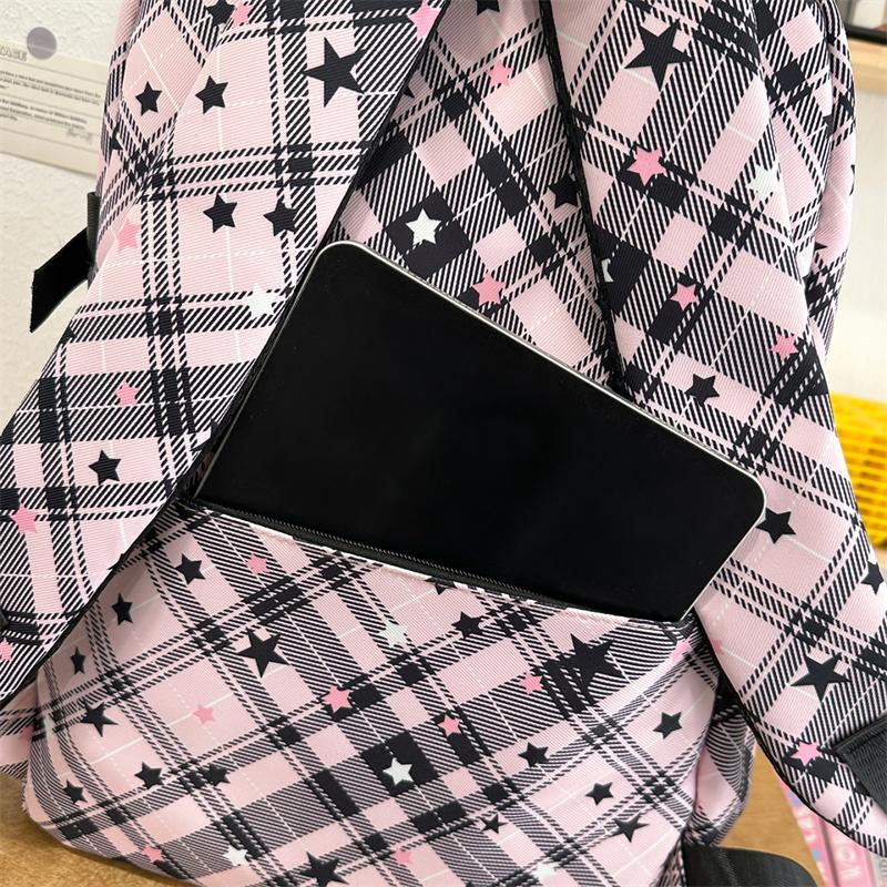 Large Capacity Plaid Backpack Women's Star Printed Student School Bag with Coin Purse