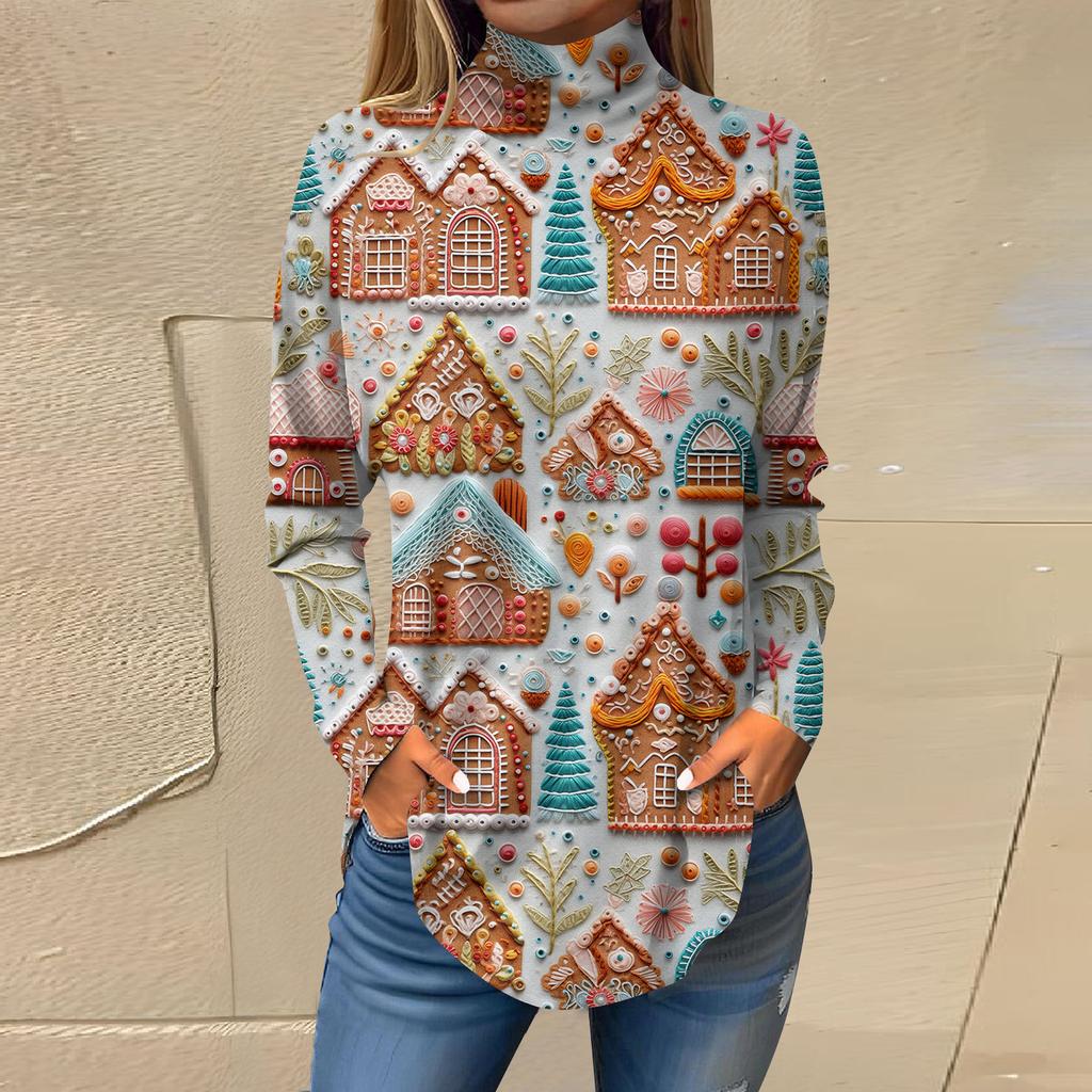 Damen Herbst Casual Langarmshirts Sweatshirt Vintage Bedrucktes High Neck Top Pullover