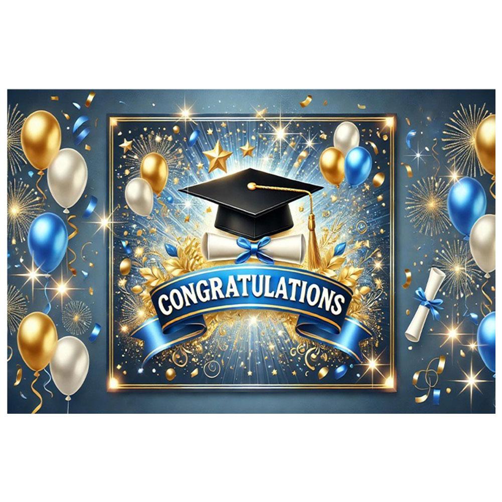 

Congrats Grad Photography Background Cloth 8x6ft 100D Polyester Wear Resist Colorful Bachelor Hat Banner for Party Props