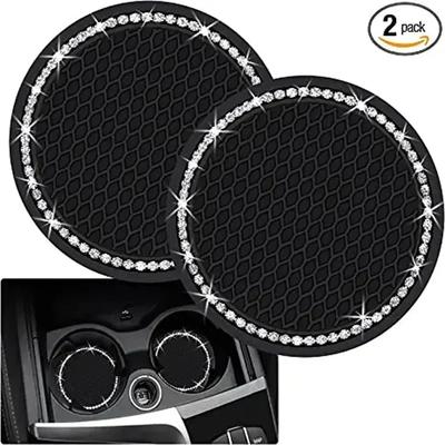 2Pcs Car Bling Rhinestone Cup Holder Drink Pad Interior Decoration Anti-slip Mat Round Durable Coaster Heat Resi Car Accessories