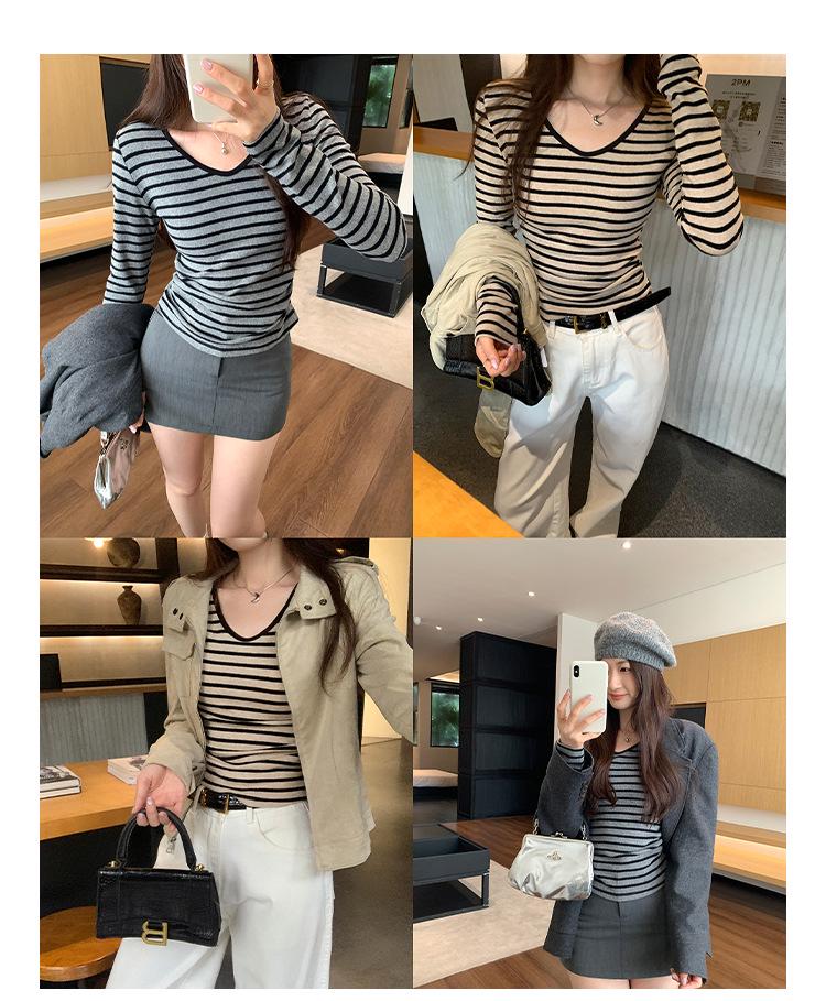 Stunning Striped V-Neck Base Layer Shirt for Women - Long-Sleeve, Autumn 2026 Style, Wear Alone or as Inner Wear