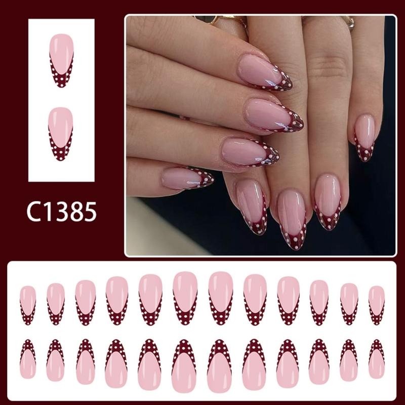 White Polkas Dot French Manicure False Nail Wine Red Almond Shaped Press On Nail 24PCS Durability Design Easy Application