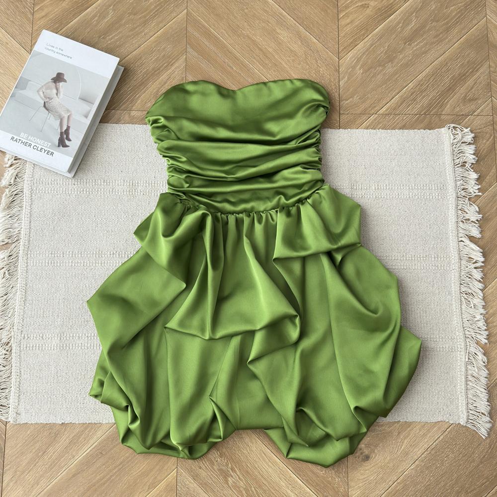 Retro temperament green bandeau bubble short skirt women's spring and summer birthday banquet evening dress dress