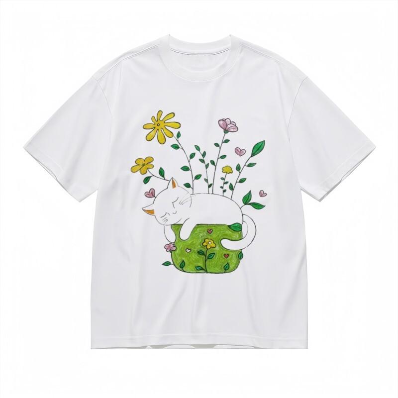 

Women s Breathable Classic T-Shirt Cozy Feline with Blooming Plants Design Tee S