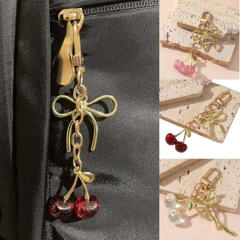 Fashion Delicious Red Cherry Bow Keychain Summer Fruits Cherries Pendant Keyring For Women Men Jewelry Bag Accessories Gift