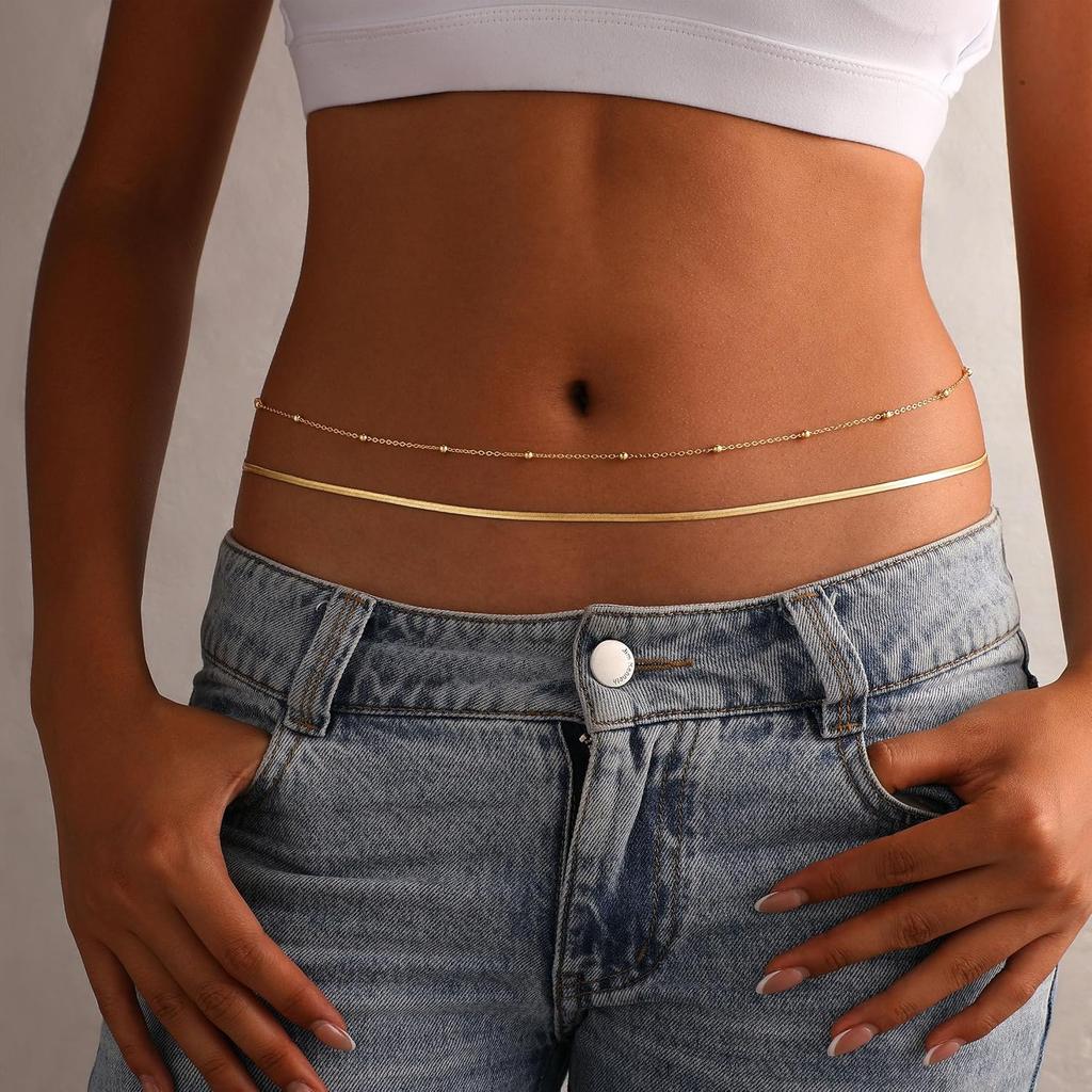 14K Gold Plated Waist Chain for Women - Gold Belly Body Chain Layered Waist Beads Chain Belt Beach Summer Jewelry Accessories for Women