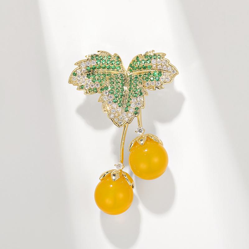 Broche Bo Xin Yun Haut de Gamme Agate Jaune Raisin avec Zircon Cerise - Épingle Élégante pour Accessoire Vestimentaire