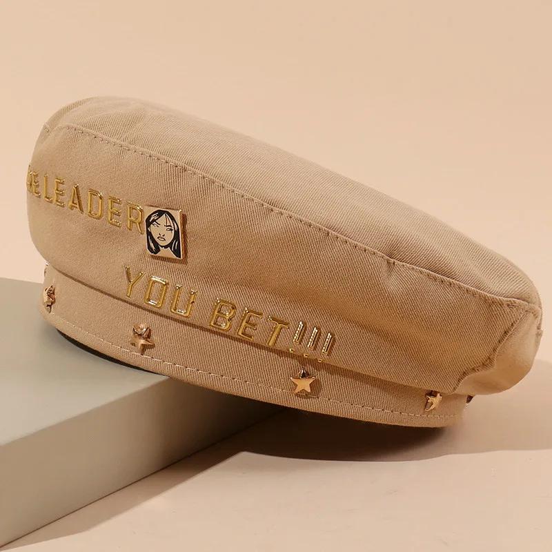 Spring Golden Letter Beret Women's British Hat Japanese Painter Caps Berets Cotton Sunscreen Accessories Male and Female