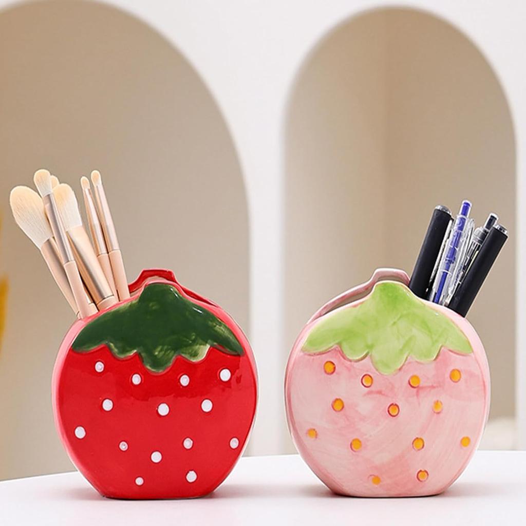 Toothbrush Holder Strawberry Pen Holder for Desk Cute Pink Vase Decor Makeup Brush Pencil Holder Kawaii Desk Accessories Aesthetic Office Home Decor