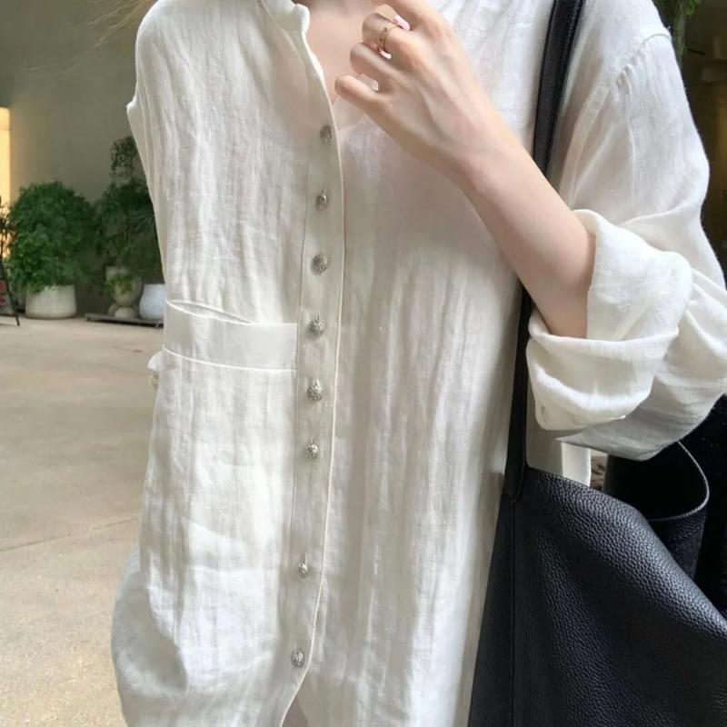 Women's White Textured Fabric Stand Collar Long Sleeve Loose Fit Casual Shirt