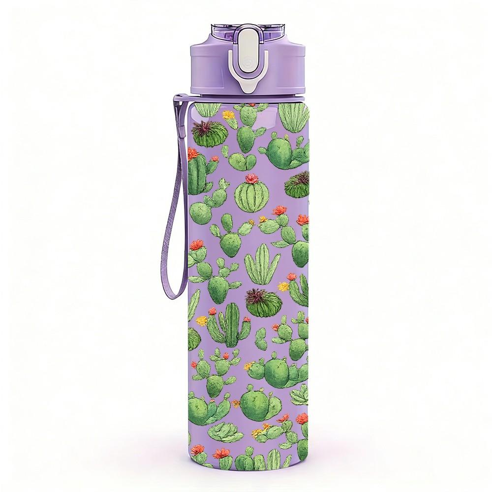 1PC Green Cactus Desert Plant Pattern 750ml Color Plastic Sports Water Bottle Leakproof Flip Straw Lid Suitable for Sports Office Home Use