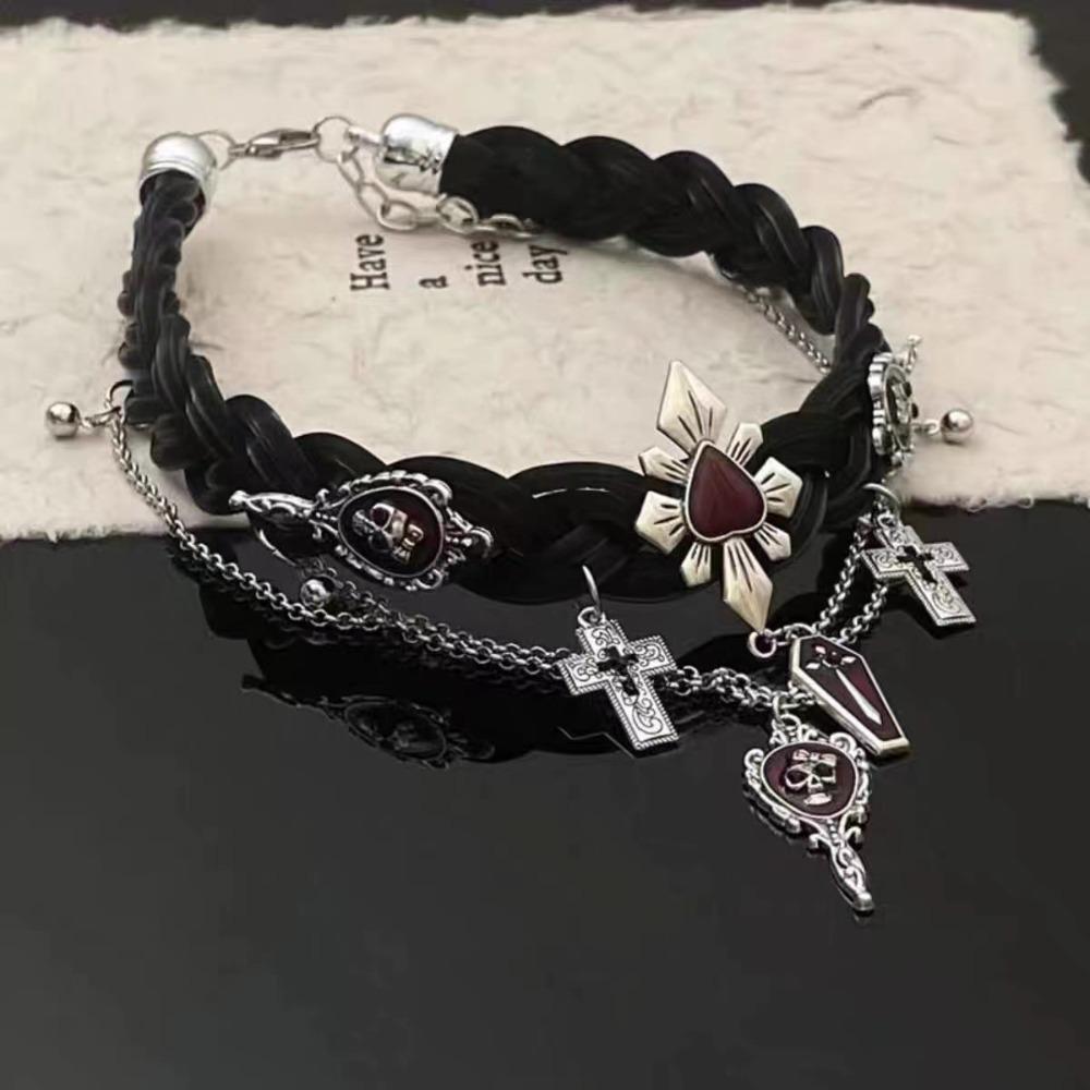 Punk Y2k Subculture Red Drip Glaze Skeleton Cross-tassel Black Leather Multi-layer Collar Necklaces for Women Halloween Jewelry
