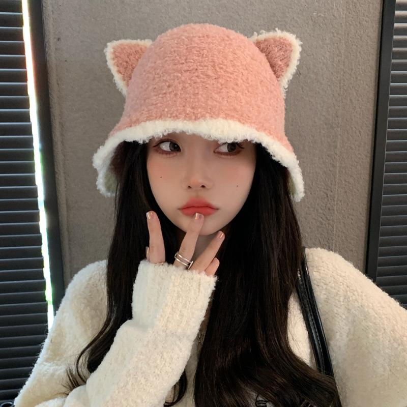 Korean Version of Versatile Autumn and Winter New Hat for Women Cute Bear Imitation Lamb Velvet Fisherman Hat Winter Warm Wave Edge Basin Hat