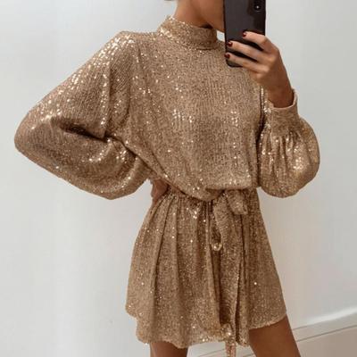 Women Sequined Lace Up Dress O-neck Long Sleeve Short Dress Solid Color Spring Autumn Dress with Waist Tie for Parties Weddings Clubs Bars