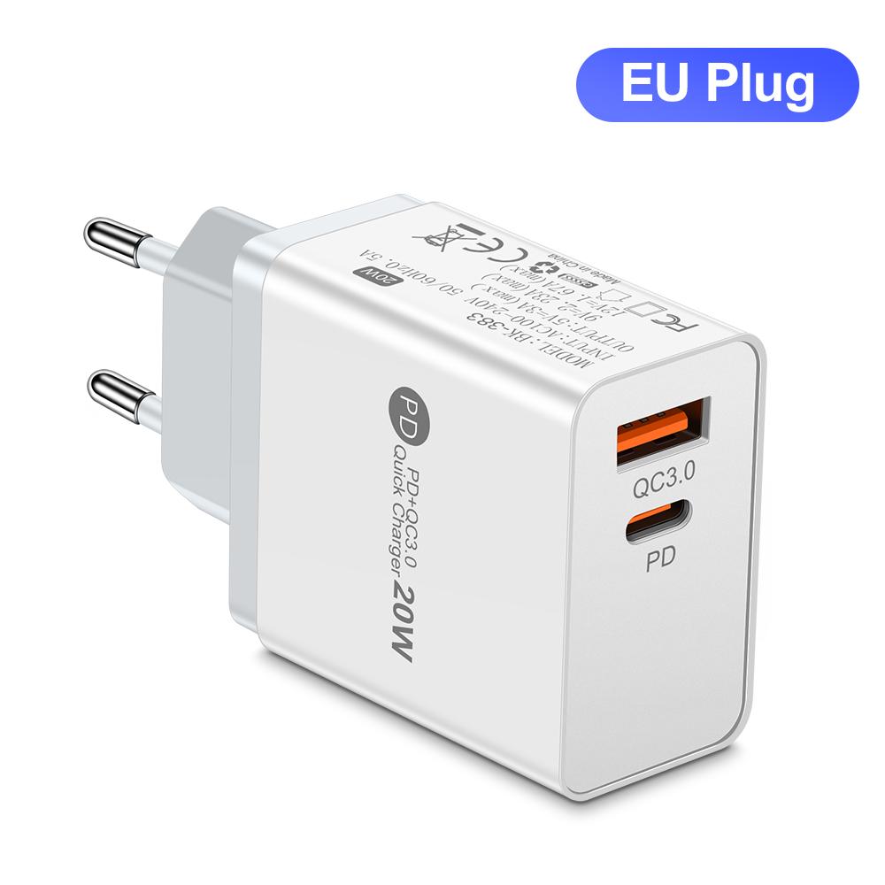 20W Dual Ports USB PD Charger Fast Charging EU/US Plug Mobile Phone Power Adapters QC3.0 Wall Charger for IPhone Samsung Xiaomi