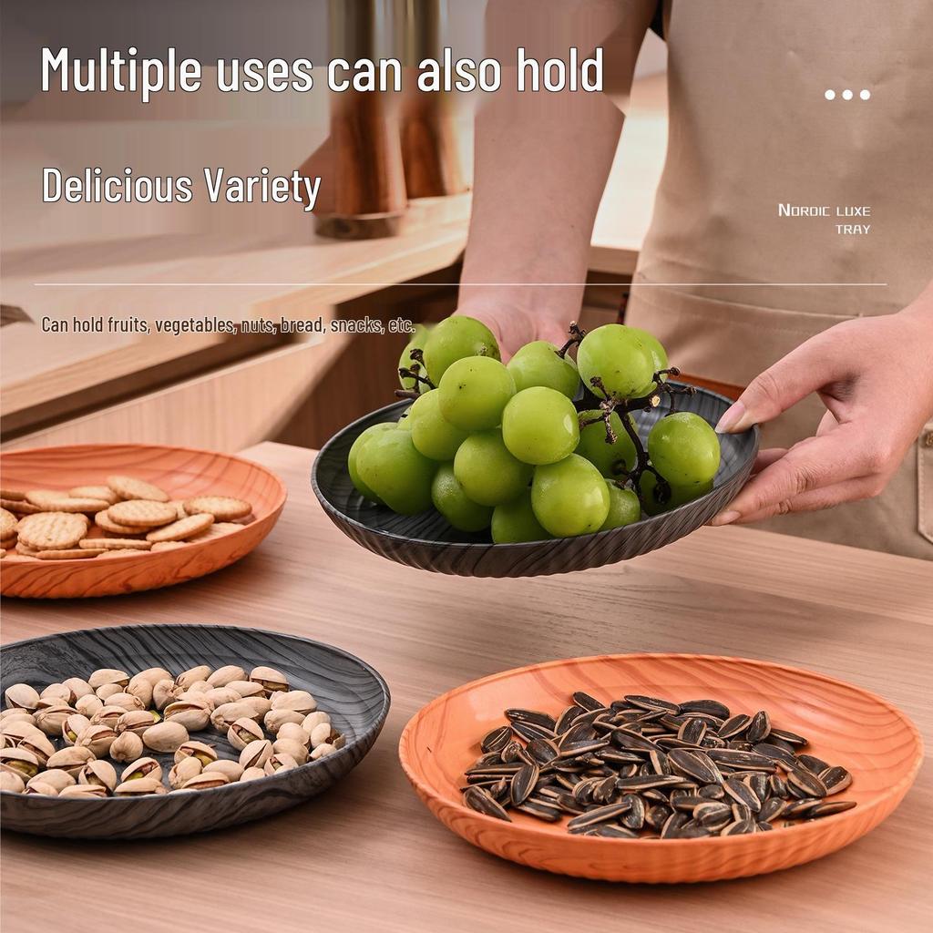 Wood Grain Round PP Plastic Tray: Dried Fruit, Snack, and Tea Serving Plate for Living Room and Cafe