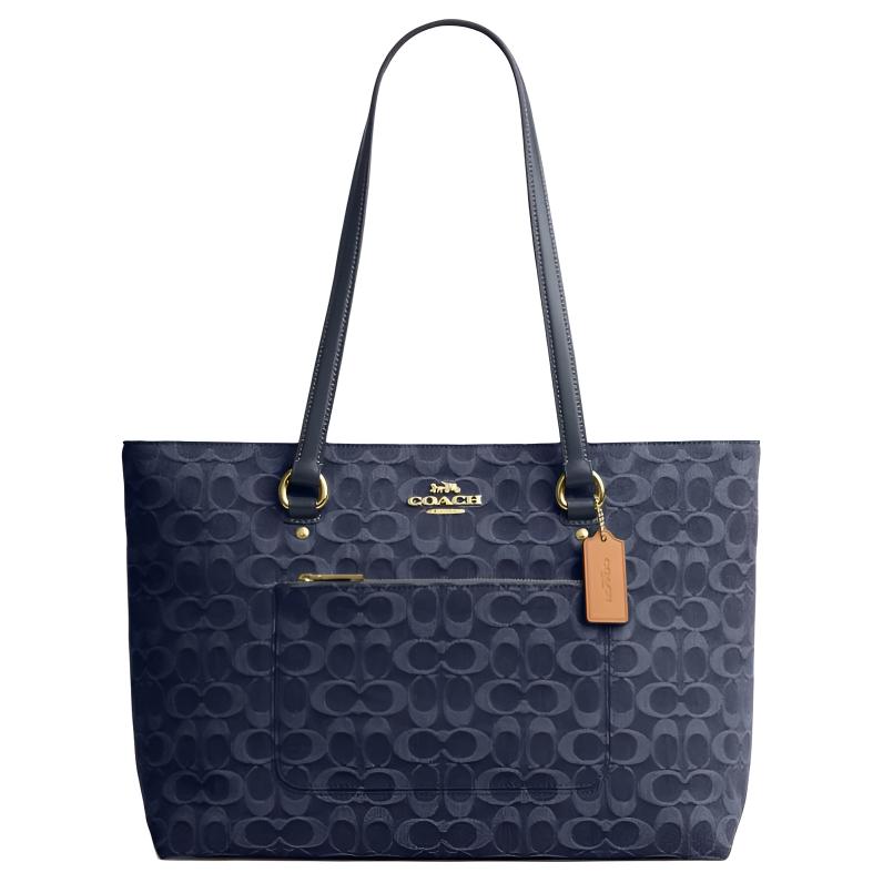 

Coach Navy Embossed Signature Canvas Large Tote Bag With Brown Leather Trim & Gold Hardware For Daily Work & Travel Basic Set (Bag+Dust Bag)