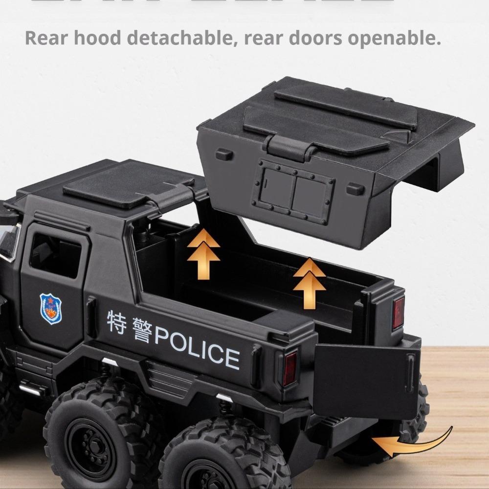 1:32 Eroberer SWAT Polizeiauto Modell Spielzeug Metall Druckguss Geländefahrzeuge Geräusch Licht Rückzieher Türen Öffnen Lernmodelle