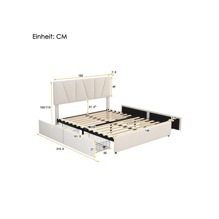 Lit plate-forme - MUVOE - 140x200cm - Beige - Tête de lit réglable - 4 tiroirs de rangement