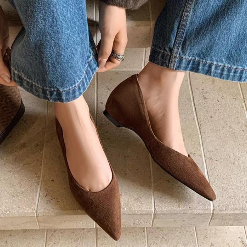 2025 Handmade Genuine Leather Suede Low Heels Pointed Toe Dress Shoes Women Elegant Pumps Casual Shoes Flat Shoes
