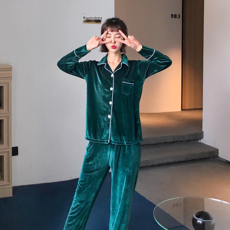 Couple's Gold Velvet Pajamas: Thin Fleece Two-Piece Set for Women & Men - Long Sleeve, Solid Color, Perfect for Spring & Autumn Homewear