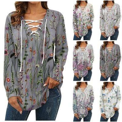 Damen Bluse Mode Locker Lässig Langarm Bedrucktes T-Shirt Mit V-Ausschnitt